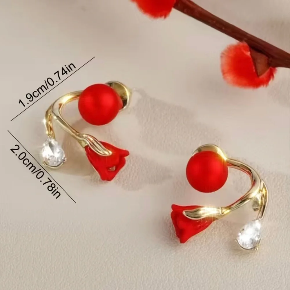 Red flower‎ faux pearl gold plated earrings faux fashion jewelry